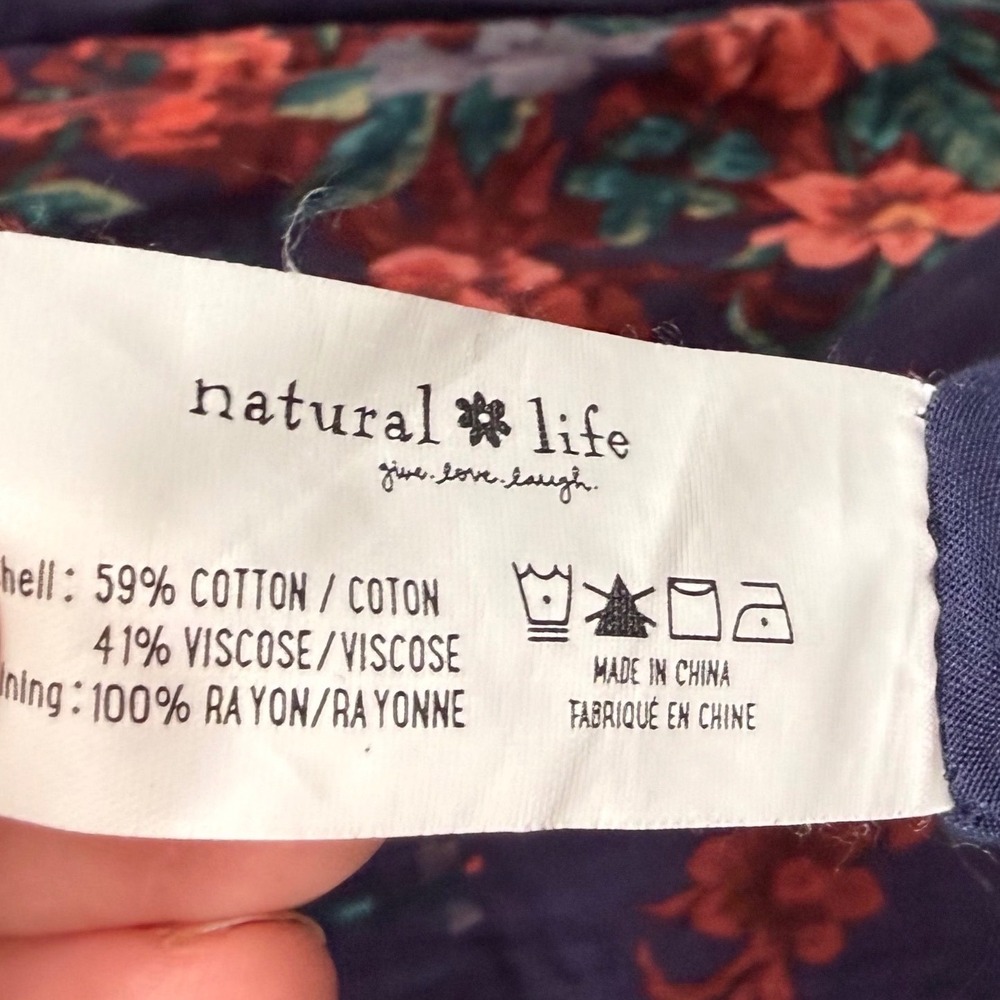 Natural Life Navy Floral Smocked Tiered Maxi Dress XS Boho V-Neck 3/4 Sleeve - Picture 5 of 6